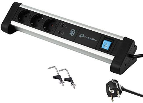 Electraline 62556 Steckdosenleiste 3-Fach Alu für den Schreibtisch mit 2 USB 65 W (1 Typ C PD zum Laden von Computern + 1 USB 3A) Kabel 2m /Tischsteckdose Steckerleiste / Mehrzweck-Schreibtisch