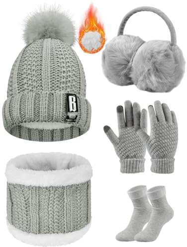 Tuopuda Gorro Bufanda Guantes Set para Mujer Gorro de punto Bufandas Guantes de Pantalla Táctil Orejeras de Invierno de Calentadores Suaves Calcetines Invierno Regalos Conjunto para Mujer, (Gris)
