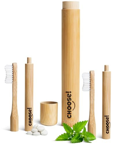 CHOOSE Bambus Zahnbürsten-Set - Bambus Zahnbürste (2x), Zahnbürstenetui & Zahnpasta Tabletten 1 Wochenvorrat | Reisefreundlich | Plastikfrei Zähneputzen mit zahnputztabletten | Vegan