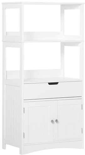 kleankin Meuble de Rangement Salle de Bain - 2 Portes, tiroir, 3 étagères - dim. 60L x 33l x 122H cm - MDF Blanc