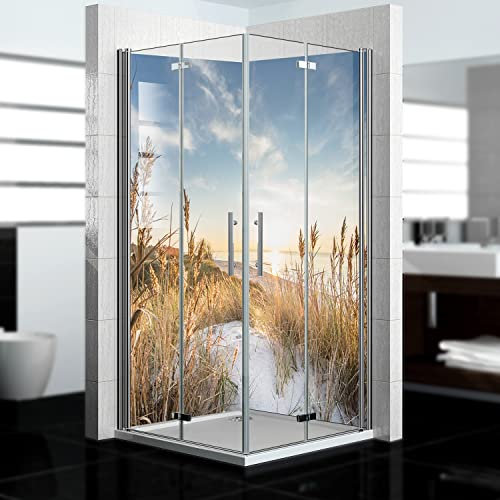 dedeco Eck-Duschrückwand wasserfest Motiv: Dünengras V3, 2 x 90x200 cm, als Badrückwand zum Fliesenersatz, als Dekorwand, Wandverkleidung und Duschplatte aus Aluminium - Made in Germany