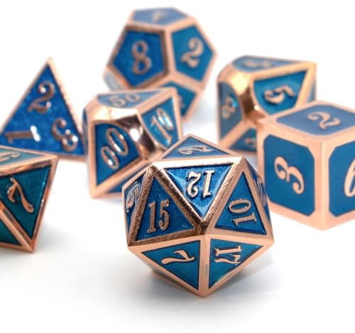 HNCCESG Polyedrische D&D-Würfel aus Metall für Dungeons and Dragons RPG DND-Würfel für Rollenspiele, MTG, Tisch, Gaming, Shadowrun Pathfinder, 7 Stück, D20, D12, D10, D8, D6, D4 (kupferblau)
