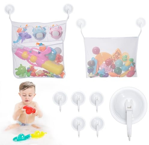 2 Pack Badespielzeug-Organizer, Badespielzeug-Netz, Badespielzeug-Organizer mit 6 Saugnapf-Haken, Toilettenartikel-Organizer