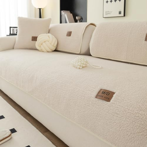 MDSASFD Sherpa Fleece Sofa Cover, Super Soft Funny Fuzzy Sofa Couch Covers, Warm Plush, Non-Slip Sectional Sofa Slipcover Furniture Protector for Kids, Pets(Beige White, 28x 28)