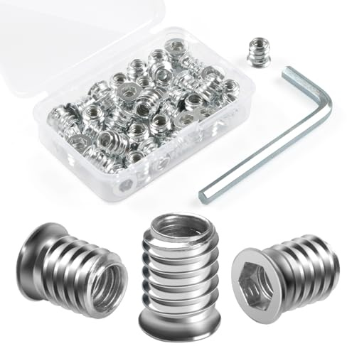 BOUMVID Tuercas Roscadas Hexagonales Insertos de Madera M6 x 10mm, 40 Piezas Tuercas de Insertar Roscados Hexagonal Remaches, Tuerca de Inserción Cabeza Plana para Muebles de Madera