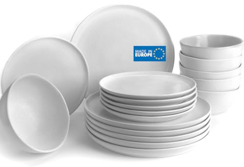 Nortea – Nordisches Design Geschirrset weiß matt, für 6 Personen, 18-tlg, nachhaltig in Portugal hergestellt, mit organischen Formen