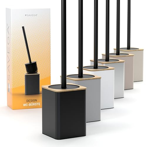 SAVEGA - Cepillo WC de Silicona Negro en imitación bambú - Escobilla baño con Mango de Acero Inoxidable y protección antigoteo - Cepillo Inodoro Moderno