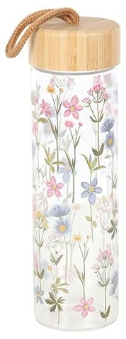 Stylish Floral Glass Water Bottle with Eco-Friendly Bamboo Lid, 600ml - Pastel Flower Design, Sustainable, Easy to Carry, Ideal for Work, Gym, or Outdoor Adventures, Handwash Only