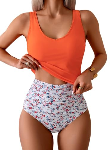 Eomenie Two Piece Tankini Swimsuits for Women Tummy Control Bathing Suits U Back Swim Tank Top with High Waisted Bottom Orange Floral