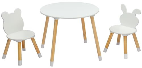LEADZM Kindertisch mit 2 Stühlen, Kindersitzgruppe, Sitzgruppe für Kinder, mit Kiefer Beine Kindermöbel für Kinderzimmer Kindergärten Weiß