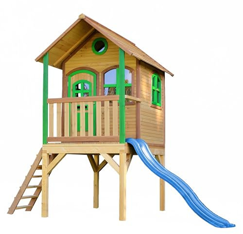 AXI Laura Casa Bambini con paviment e scivolo blu | Casetta da giardino/all'aperto in marrone e verde in legno FSC | Parco giochi per bambini