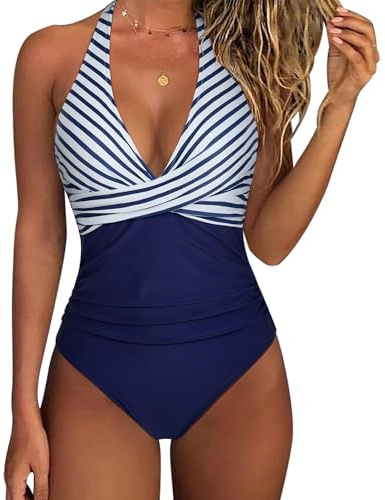 RXRXCOCO Women Cross Push Up Tummy Control One Piece Halter High Waisted Swimming Costume Swimsuits Swimwear