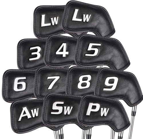 CHAMPKEY 12-Pack Premium Golf Head Covers - Advanced Polyurethane Synthetic Leather Club Covers - Perfect for Golf Clubs (Black)