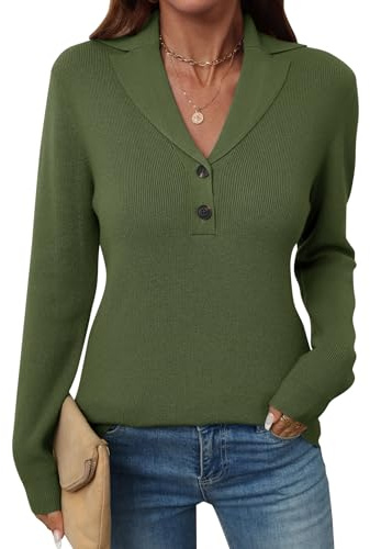 LOMON Womens Sweaters Fall 2025 Collared V Neck Tunic Pullover Dressy Casual Long Sleeve Knitted Lightweight Jumper Business Button Polo Shirts (Army Green,Medium)