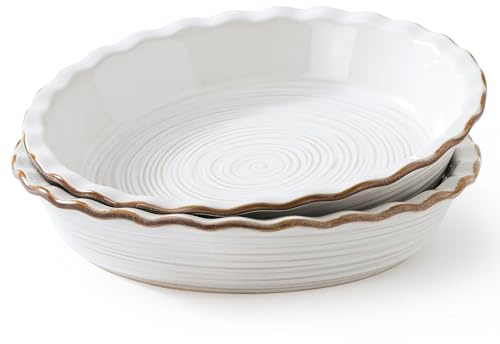 Frewinky Ceramic Pie Pan for Baking, 9 inch Pie Dish with Ruffled Edge, Nonstick Deep Pie Plate, Farmhouse Decor Quiche Tart Baking Dish for Thanksgiving, Microwave & Oven Safe, Set of 2