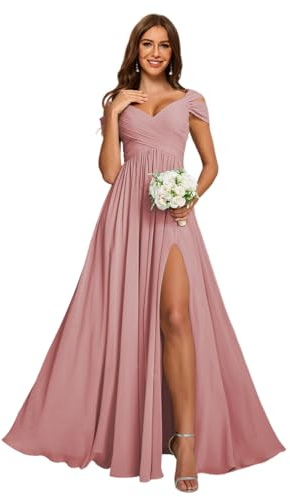 AKMESXAY Women's Off the Shoulder Chiffon Long Bridesmaid Dresses Split Ruched V Neck A Line Wedding Guest Dresses with Pockets Dusty Rose for Teens 6