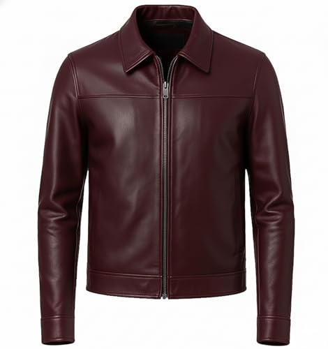 Men’s Genuine Lambskin Leather Harrington Jacket, Black Shirt Collar Slim-Fit Casual Biker Coat, Soft Handmade Outerwear (US, Alpha, Large, Regular, Regular, Burgundy)