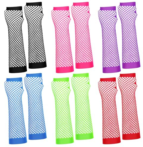 TIESOME 6 Pairs Fishnet Gloves Fingerless Neon Gloves, 6 Colors Long Stretchy Fishnet Arm Sleeves for Women Men 80s Party Costume Accessories Supplies for Halloween Christmas Party Cosplay Costume
