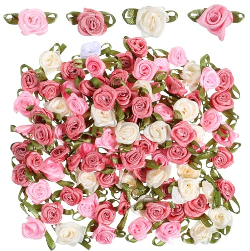 SHENLIU 100 mini rose fiori, nastro di raso fiocco, teste di rose con foglia, mini fiori artificiali multicolori, applicazioni floreali, fai da te, per cucito, imballaggio, fai da te, matrimonio