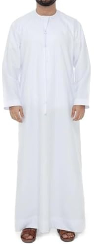 Hombre Túbán emiratí, Kandurá musulmán blanco de cuello redondo, Dishdásha árabe tradicional de manga larga, Ropa étnica Oriente Medio confeccionada mano para el Ramadán, Vestimenta islámica con puños