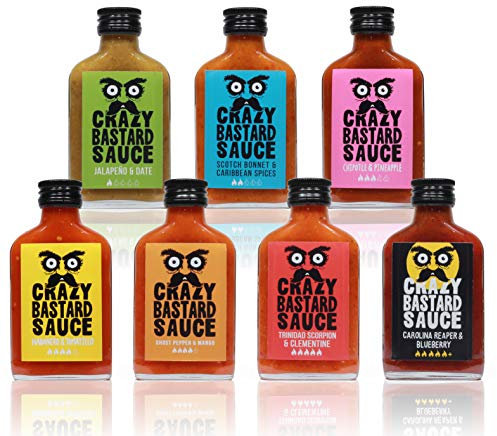 Crazy B Sauce - 7er Bundle mild bis extreme scharfe Chilisauce (7 x 100ml Flasche) - Geschenkset für Griller und Chili-Fans