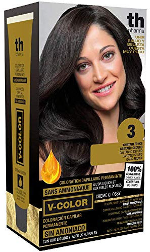 Thader Th Pharma V-Color Kit de Tinte permanente Sin Amoniaco con Oro Líquido 100% Cobertura de canas, 120 ml (No. 3 Castaño oscuro)