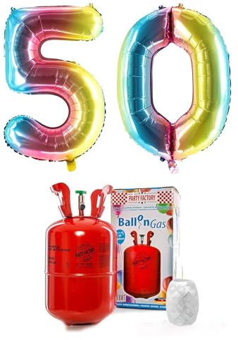PARTY FACTORY Helium Set 50 mit XXL Zahlenballons, Ballongas und Ballonschnur - für Geburtstag, Jubiläum, Jahrestag; Gold, Silber, Schwarz, Pink, Rosa, Rosagold, Bunt (Regenbogen)