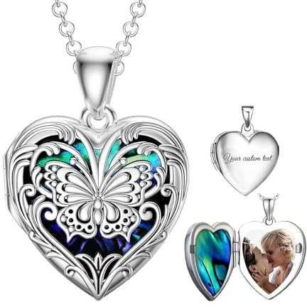 SOULMEET hjärta/rund form medaljong halsband sterlingsilver halsband håller bild foton personlig foto hänge halsband för kvinnor flickor, Sterlingsilver, Abalone
