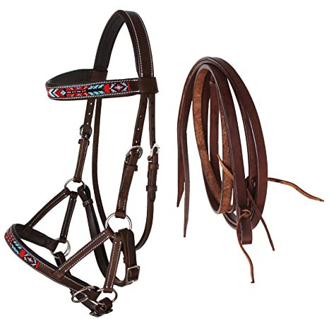 CHALLENGER Horse Western Braun Leder Perlen gebisslos Gepolstert Sidepull Zügel 77RS17BR