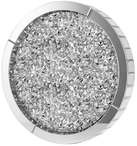 SHYFOY Bandeja Decorativa con Espejo, Bandejas Decorativas Modernas de Cristal de Diamante Triturado, Bandeja Redonda Grande de Plata, Organizador de Maquillaje de tocador para tocador, Diámetro 35cm