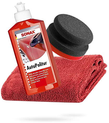 detailmate SONAX handpoleringspaket – SONAX bilpolering för färg- och metalliclack, 250 ml detaljmate handpoleringssvamp hård Ø 90/50 mm + Edgeless mikrofiber polerduk 550GSM röd