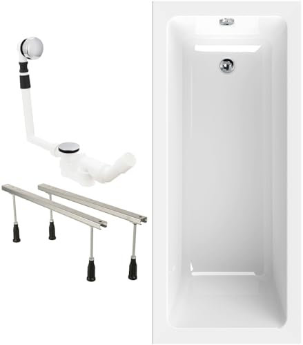 Calmwaters® Raumsparende Badewanne 160x70 cm, Made in EU, Set mit Acrylwanne Modern Square, Wannenfüße, Ab- und Überlaufgarnitur, platzsparende Badewanne rechter Ausführung, 160 x 70 cm, Weiß