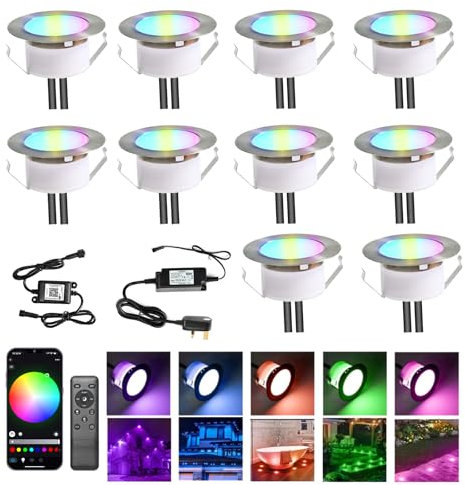 INDARUN RGBW WiFi Led Decking Lights Waterproof IP67 Ø61MM 12V - Led Plinth Light Kits for Terrace/Patio/Path/Garden/Decoration, 10 Packs
