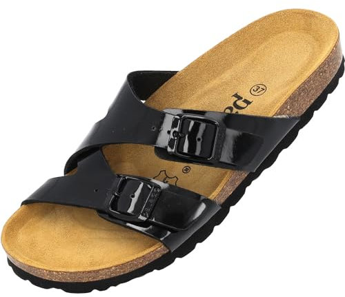 Palado Pantoletten Damen Arrila - bequeme Sandalen Made in Spain - Hausschuhe mit Kork-Fußbett - modische Sommerschuhe Schwarz Lack UK3,5 - EU36