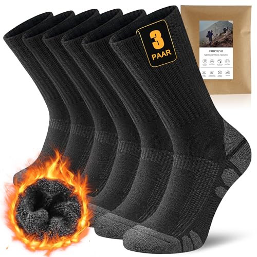 FORVEVO 60% Merino Wandersocken Herren 43-46,3 Paar Wollsocken Herren Gepolstert, Thermo Wintersocken,Atmungsaktiv Sportsocken für Sport Trekking Outdoor, Schwarz