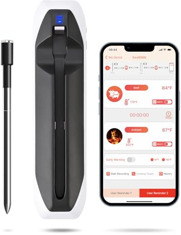 Termometro Carne Digitale, Termometro Carne Barbecue Wireless Intelligente, Termometro Alimenti con Portata Remota da 500 piedi con Booster Bluetooth | per Barbecue, Forno, Grill