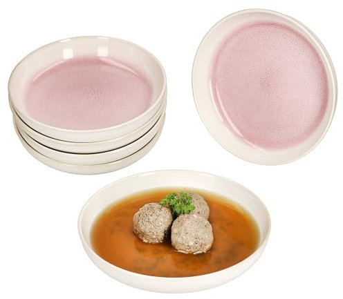 MamboCat 6er Set Reactive Glaze Paris Suppenteller I 400 ml I Creme & Pink I Steingut-Teller für 6 Personen I Tiefe Teller für Salat, Pasta, Müsli & Co.