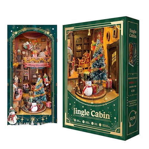 STRUCWOOD Christmas Book Nook Dollhouse Kit Rotating Decor with Dust Cover