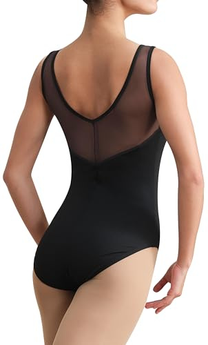 Hanebel Women Sleeveless Dance Leotard Mesh Tank for Adult Ballet, Chest Padding, V-shape Front Splicing(JD236118-06-S)
