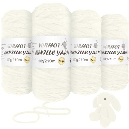 VORHOT 400g Laine Chenille, 4 Rouleau Fil Chenille pour Tricot et Crochet, Opaline
