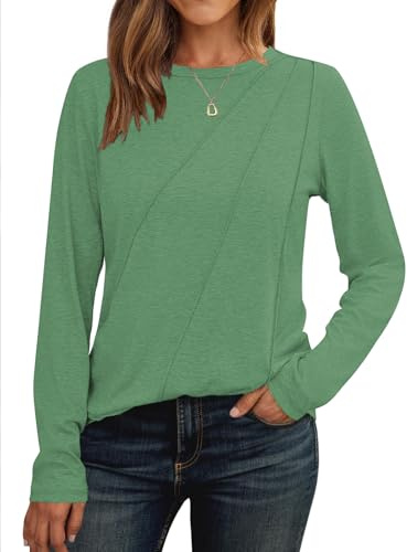 Cuptacc Camiseta Manga Larga Mujer Jersey Mujer Cuello Redondo 2025 Moda Blusa Monocolor Tops Plisados Camisa Elegante Verde Claro M