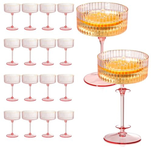 XUWAIDSGN 24 Pcs Champagne Martini Glasses 9 Oz with Gilded Removable Gold Rim Coupe Glasses Pink Martini Glasses Plastic Mimosa Vintage Coupe Glasses Set For Wedding Anniversary (24, Ribbed Pink)
