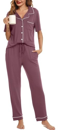 Lovasy Pyjamas for Women Soft Ladies Pyjamas Button Down Pjs for Women Sets Classic Womens Pyjamas Sets Pajamas Loungewear with Pockets,Purple Grey,S