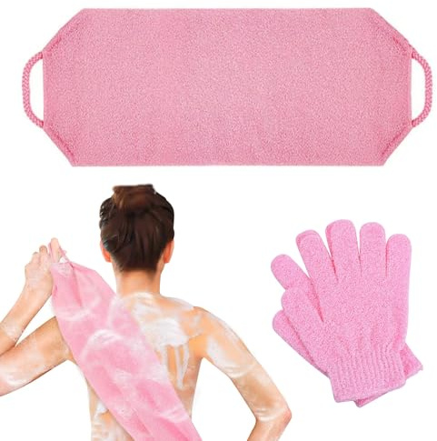 3PCS Back Exfoliator, Exfoliating Glove and Body Scrub Set, Exfoliating Gloves and 45 x 20cm Back Scrubber, Suitable for Home Spa Treatments, Exfoliation Before Shaving, and Skin Cleansing