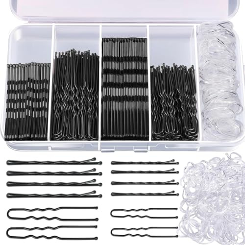 MAYCREATE® 300 forcine per capelli a U con mini elastici in gomma, eleganti forcine in metallo per aggiornamenti, per tenere ciocche randagi, accessori per capelli per ragazze e donne, nero