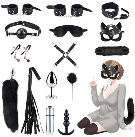 Qoosea 15 Pezzi Set Bondage SM, Sex Toys Bondage Kit Plug Anale con Coda di Volpe Set per I Principianti e Gli Esperti, Giocattoli Sessuali in Pelle Fetish con Manette Caviglia Maschera per Coppie