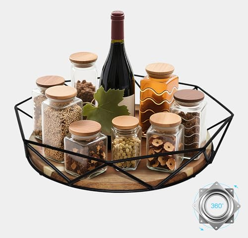 Migfena Lazy Susan roterande tallrik arrangör 33 cm – stor serveringstallrik med åttakantig metallram och akaciaträgolv, för matbord, skafferi, kök, bar, flaskor och dekoration