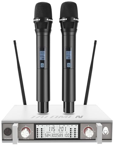 talomen Micrófono Inalámbrico UHF, Set de 2 Micrófonos Dinámicos de Mano de Metal, Auto Scan, Alcance 120 m, Receptor de Doble Canal, Ideal para Canto, Karaoke, Fiestas, DJ, Iglesia – K120 Blanco