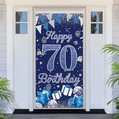 PartyYaa Striscione decorativo per 70° compleanno, banner per porta 70° compleanno, striscione Happy Birthday blu argento, copertura porta, cartello per cabina fotografica, poster, decorazioni per