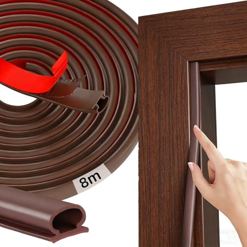 Feegela Guarnizione Porta e Finestra in TPE - 8m Profilo D Adesivo, Guarnizione Porta Blindata e Guarnizioni Finestre Legno, Isolante Acustico e Termico, Marrone